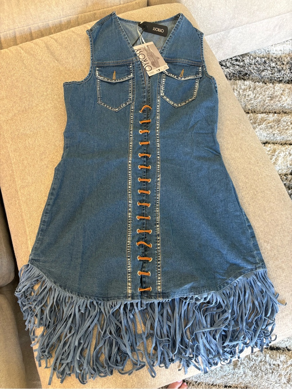 Denim Mini Dress with Fringed Hem - Blue